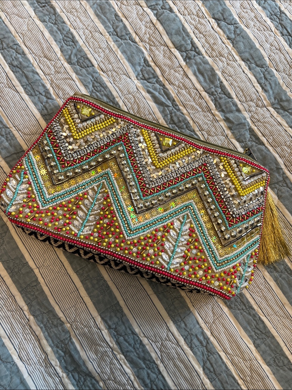Source Unknown Embellished Beaded Chevron Clutch — Turquoise, Yellow & Pink
